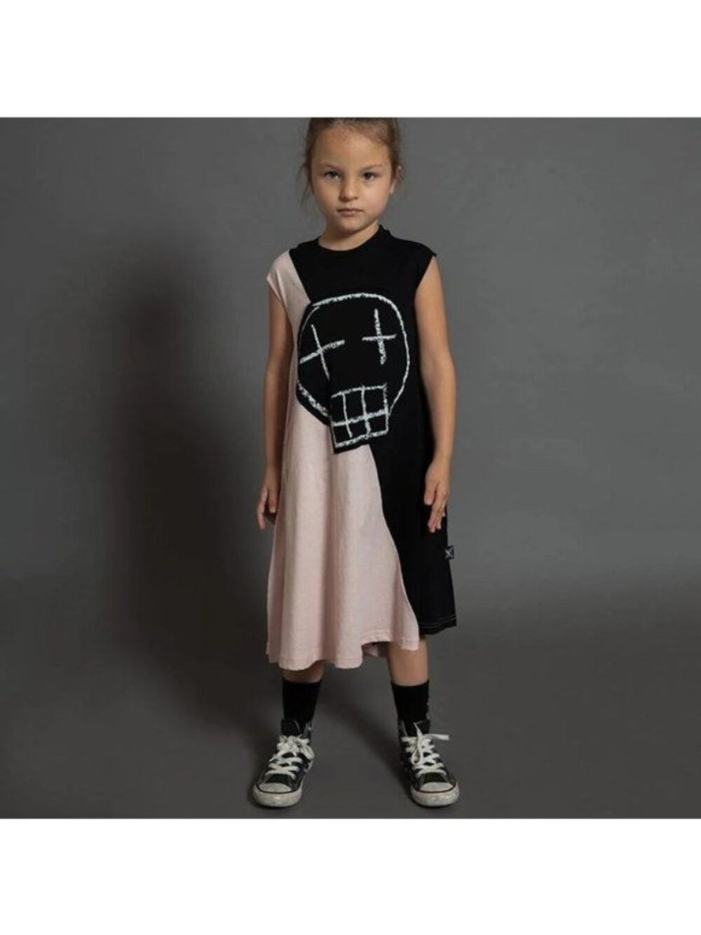nununu Half and Half Skull Stretch 360 Skull Face Sleeveless Dress Split Front